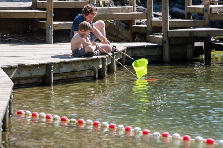 Camping De Wildhoeve Familie auf dem Steg beim Wasserspielplatz 768x512