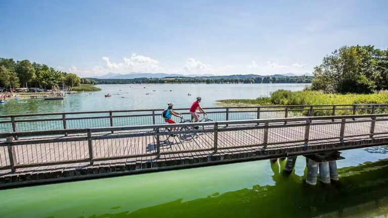 Strandcamping Waging Gaeste bei einer Radtour am Waginger See mit Alpenblick 768x432